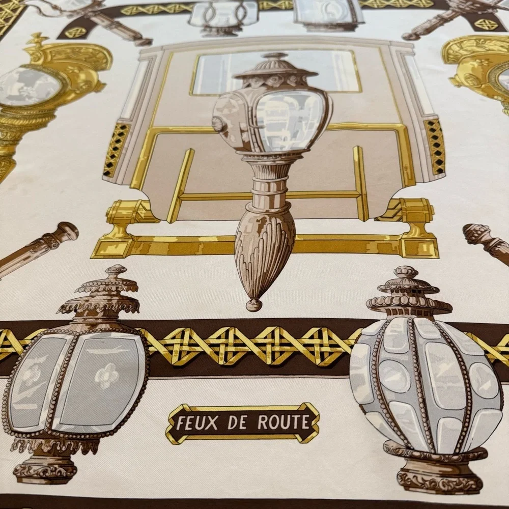 Hermes Paris Silk Scarf with Gold and Brown 34”